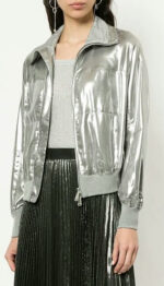 Silver Metallic Bomber Women Fashion Leather Jacket