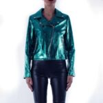 Teal Metallic Leather Biker Women's Jacket