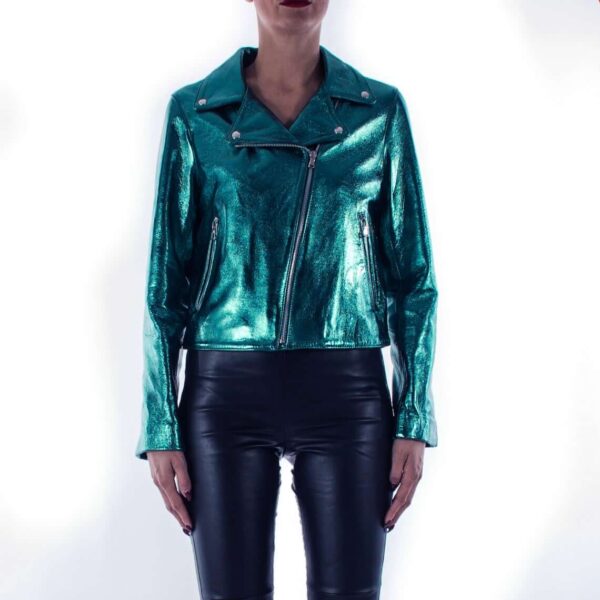 Teal Metallic Leather Biker Women's Jacket