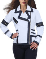 White Combo Leather Jacket For Women