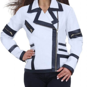 White Combo Leather Jacket For Women