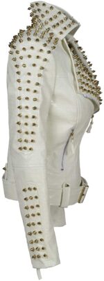 White Golden Studded Punk Leather Biker Jacket