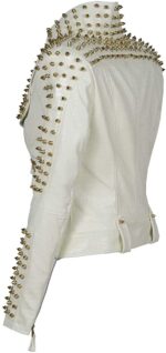 White Golden Studded Punk Leather Biker Jacket