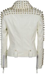 White Golden Studded Punk Leather Biker Jacket