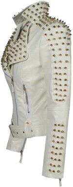 White Golden Studded Punk Leather Biker Jacket