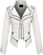White Silver Studded Rivet Leather Jacket