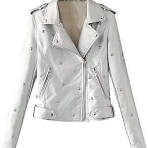 White Studded Leather Women's Jacket