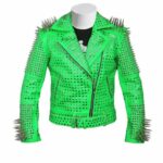 Green Full Long Spike Studded Leather Jacket