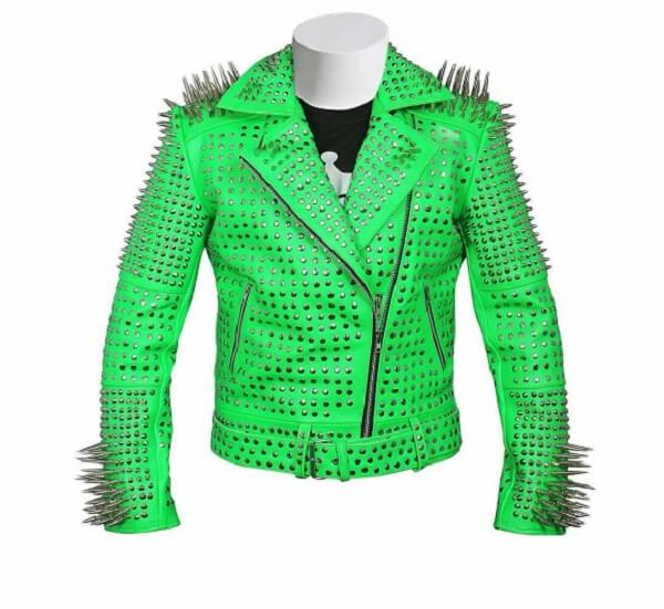 Green Full Long Spike Studded Leather Jacket Green Full Long Spike Studded Leather Jacket