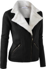 Black Wool White Fur Women's Zip Up Jacket