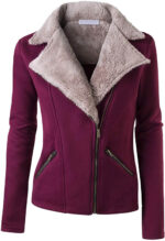 Burgundy Wool Tan Fur Women's Zip Up Jacket