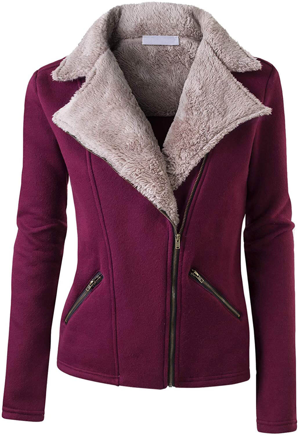 Burgundy Wool Tan Fur Women's Zip Up Jacket (2) Burgundy Wool Tan Fur Women's Zip Up Jacket