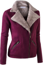 Burgundy Wool Tan Fur Women's Zip Up Jacket