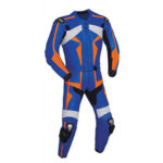 Dark Blue and Orange Motorcycle Racing Leather Suit