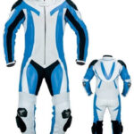 Light Blue and White Motorcycle Racing Leather Suit