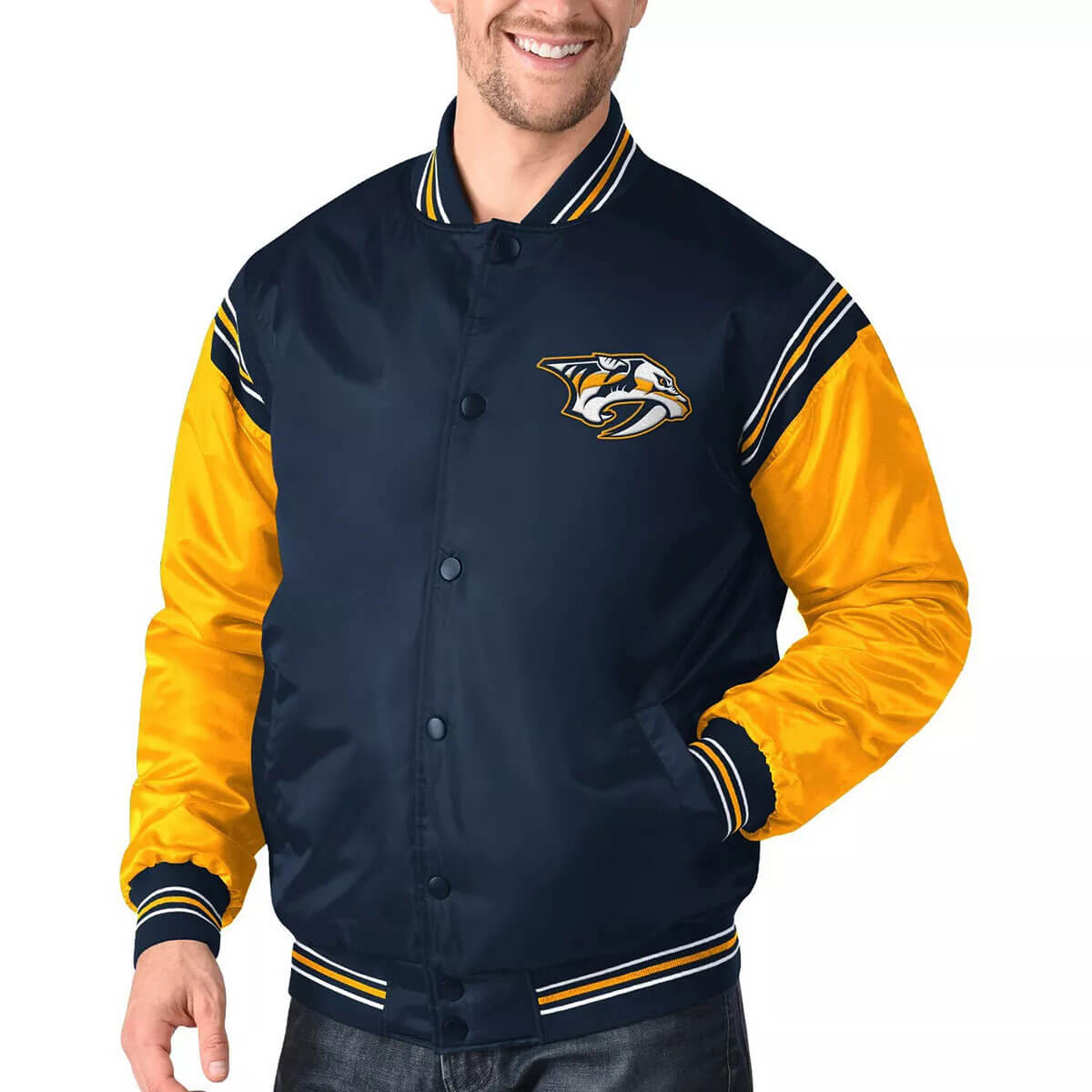 Navy Gold Nashville Predators Satin Varsity Jacket Maker of Jacket