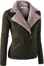 Olive Wool Tan Fur Women's Zip Up Jacket