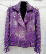 Purple Silver Long Spiked Studded Leather Jacket