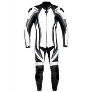 White and Black Motorcycle Sports Racing Leather Suit