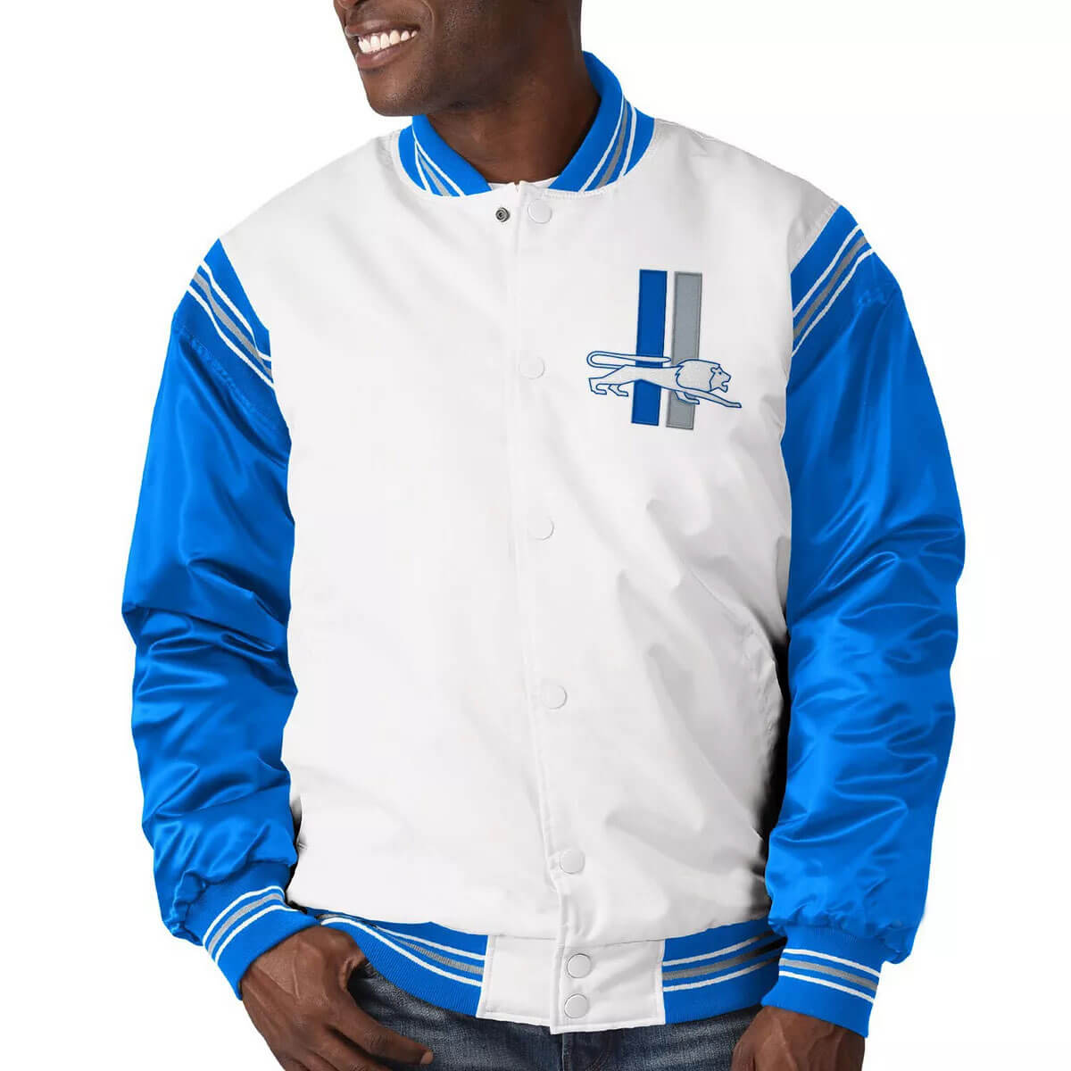 White&Blue Detroit Lions Satin Varsity Jacket (1) White&Blue Detroit Lions Satin Varsity Jacket
