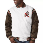 White&Brown Cleveland Browns Satin Varsity Jacket