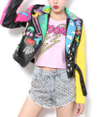 Colorful Rainbow Print Fashion Leather Jacket