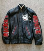 RARE 90s Mickey Mouse Black Leather Bomber Jacket