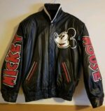RARE 90s Mickey Mouse Black Leather Bomber Jacket