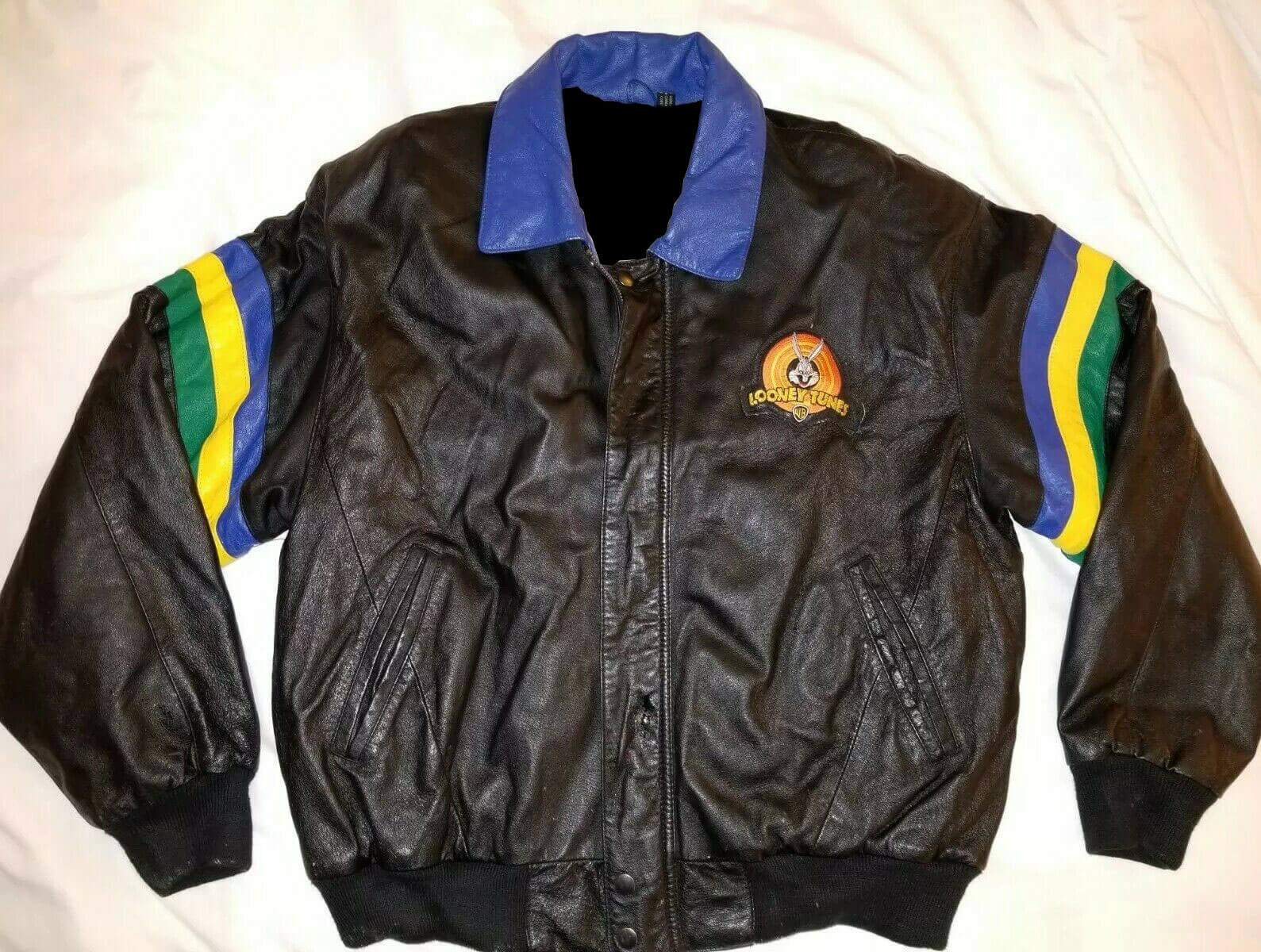 Vintage 90s Looney Tunes Leather Bomber Jacket - Maker of Jacket