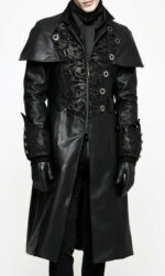 Black Steampunk Punk Rave Embroidered Leather Coat