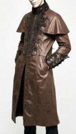 Brown Steampunk Punk Rave Embroidered Leather Coat