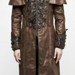 Brown Steampunk Punk Rave Embroidered Leather Coat