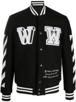 Black Appliqued Wool blend Striped Sleeves Bomber Jacket