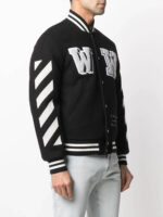 Black Appliqued Wool blend Striped Sleeves Bomber Jacket