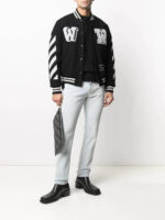 Black Appliqued Wool blend Striped Sleeves Bomber Jacket