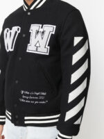Black Appliqued Wool blend Striped Sleeves Bomber Jacket