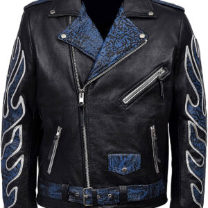 Black Classic Brando Blue Flames Biker Leather Jacket