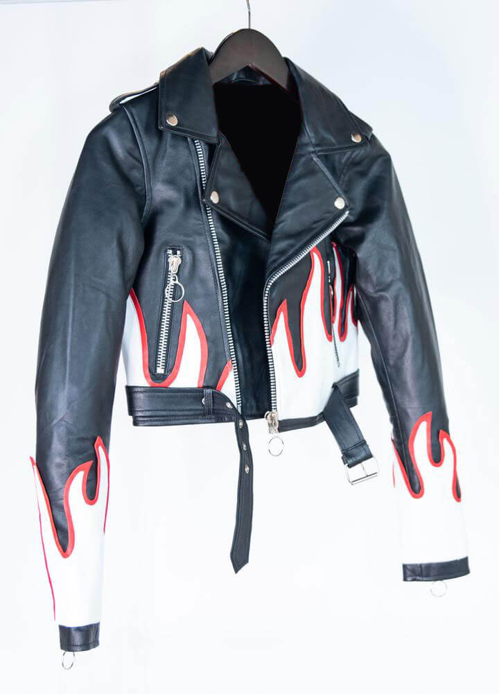 Black Cropped Flames Biker Leather Jacket (1) Black Cropped Flames Biker Leather Jacket