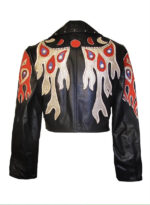 Black Flame Drip Short Studded Leather Jacket