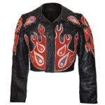 Black Flame Drip Short Studded Leather Jacket