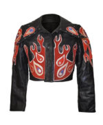 Black Flame Drip Short Studded Leather Jacket