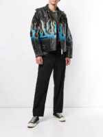 Black Flame Print Biker Studded Leather Jacket