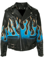 Black Flame Print Biker Studded Leather Jacket
