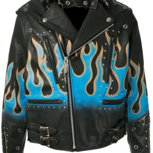 Black Flame Print Biker Studded Leather Jacket