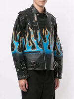 Black Flame Print Biker Studded Leather Jacket