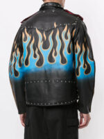Black Flame Print Biker Studded Leather Jacket