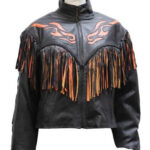 Black Inlay Fringe Orange Flame Leather Jacket