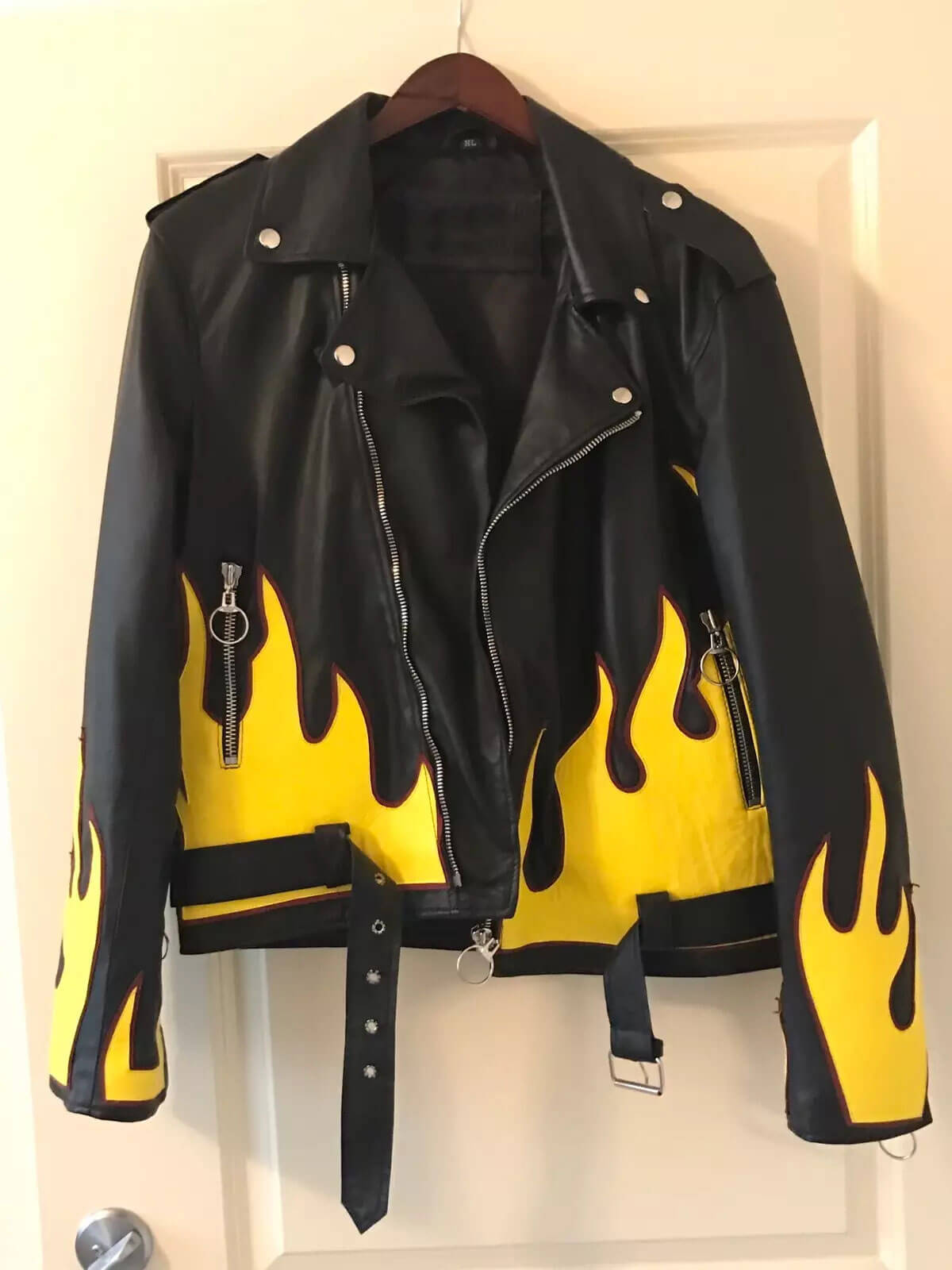 Black Vintage Yellow Flames Biker Leather Jacket (2) Black Vintage Yellow Flames Biker Leather Jacket