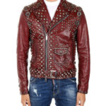 Burgundy Leather Silver Studded Belted Buckle Jacket