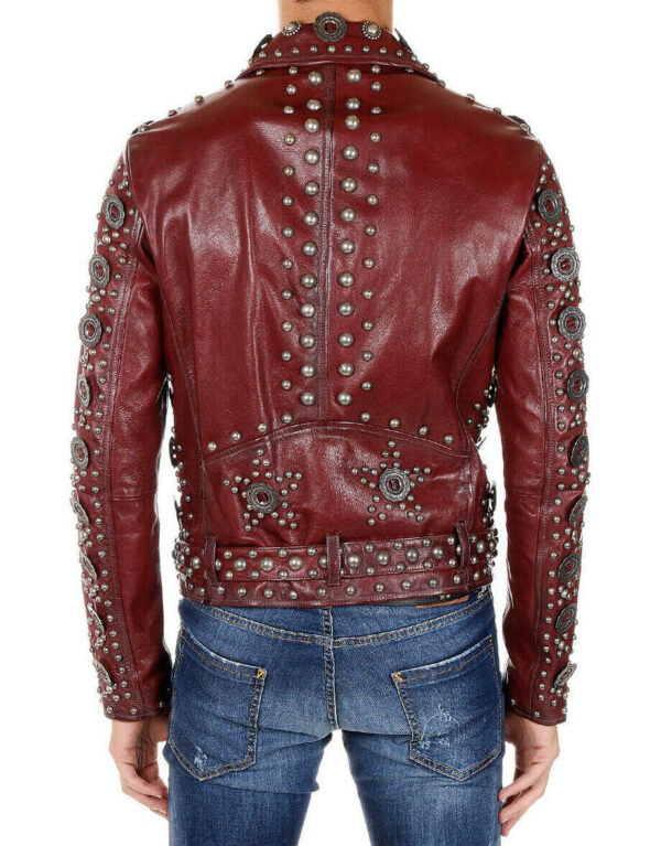 Burgundy Leather Silver Studded Belted Buckle Jacket